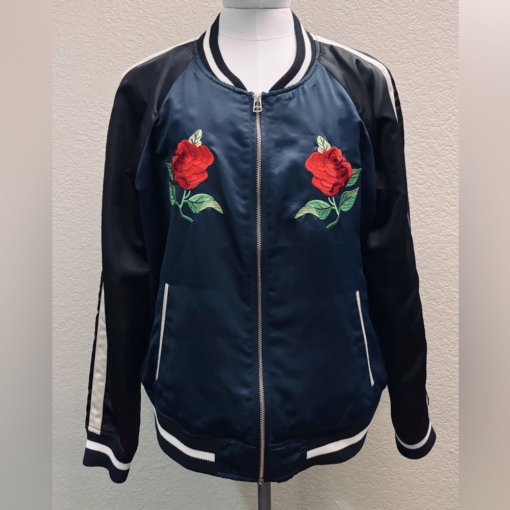 Forever 21 Plus Size Navy Blue Embroidered Satin Bomber Jacket Size 1X